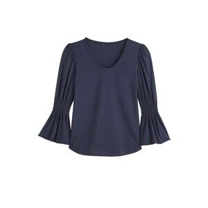 👉 Ann Taylor Navy XS Blouse Bell Sleeve Ruffle Scoop Neck Stretch Top Business